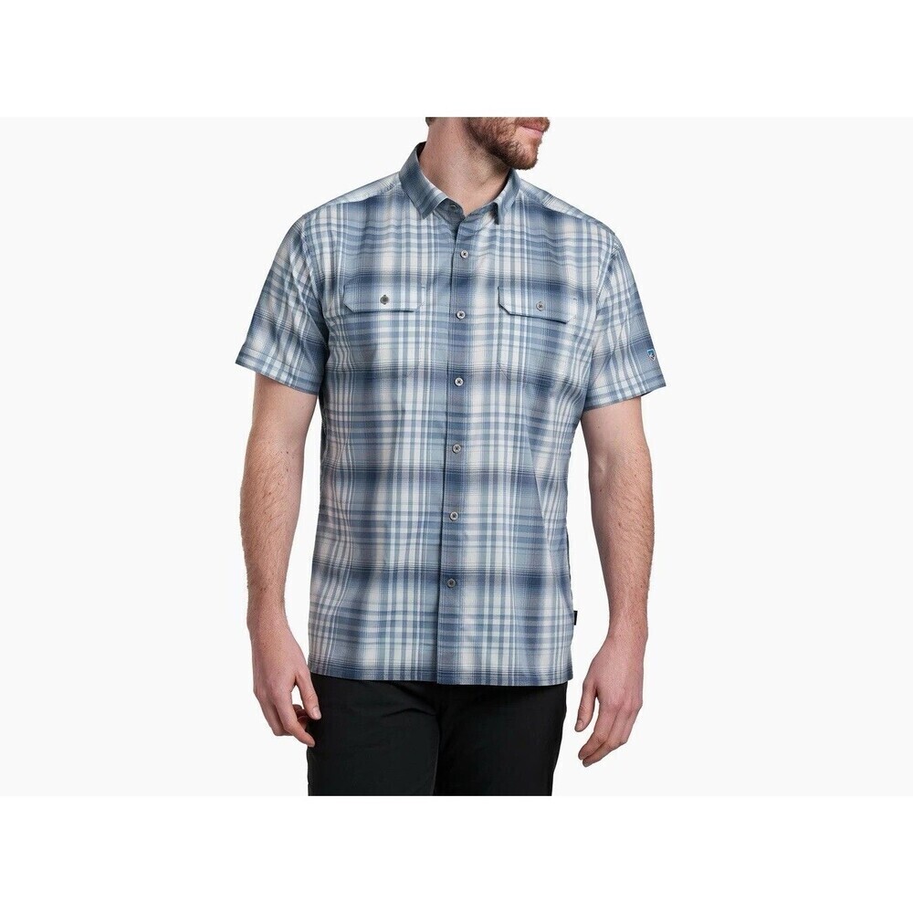 Kuhl Shirt Large Blue Plaid Button Up Short Sleeve Mountain Grown Outdoor Pocket